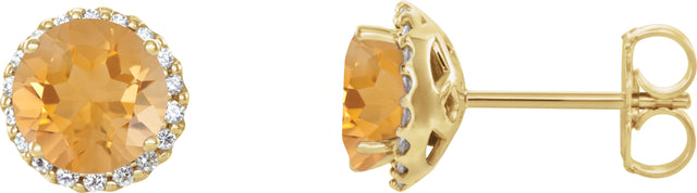 14K Gold Natural Citrine Round 4-Prong Halo-Style Earrings – 3-6mm Stones - Yellow Gold
