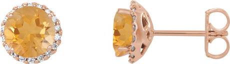 14K Gold Natural Citrine Round 4-Prong Halo-Style Earrings – 3-6mm Stones - Rose Gold