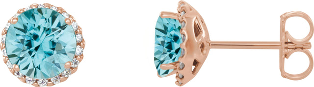 14K Gold Natural Blue Zircon Round 4-Prong Halo-Style Earrings – 3-6mm Stones - Rose Gold