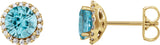 14K Gold Natural Blue Zircon Round 4-Prong Halo-Style Earrings – 3-6mm Stones - Yellow Gold