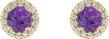14K Gold Natural Amethyst Round 4-Prong Halo-Style Earrings – 3-6mm Stones - Yellow Gold - view 2