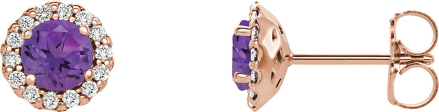 14K Gold Natural Amethyst Round 4-Prong Halo-Style Earrings – 3-6mm Stones - Rose Gold