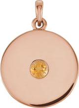 14K Gold Round Natural Citrine Disc Necklace or Pendant - Rose Gold