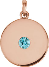 14K Gold Round Natural Blue Zircon Disc Necklace or Pendant - Rose Gold