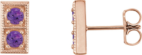 14K Gold Round Natural Amethyst Two-Stone Earrings - Rose Gold