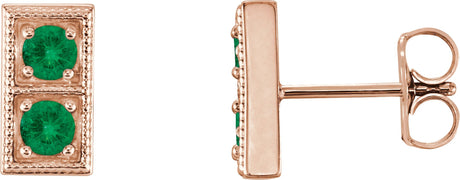 14K Gold Round Natural Emerald Two-Stone Earrings - Rose Gold