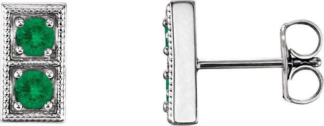 14K Gold Round Natural Emerald Two-Stone Earrings - White Gold