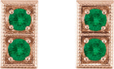 14K Gold Round Natural Emerald Two-Stone Earrings - Rose Gold - view 2