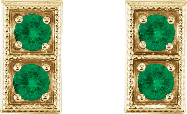 14K Gold Round Natural Emerald Two-Stone Earrings - Yellow Gold - view 2