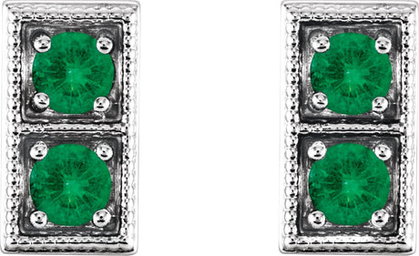 Platinum Round Natural Emerald Two-Stone Earrings - view 2