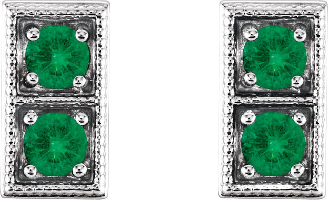 14K Gold Round Natural Emerald Two-Stone Earrings - White Gold - view 2