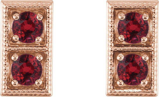 14K Gold Round Natural Ruby Two-Stone Earrings - Rose Gold - view 2