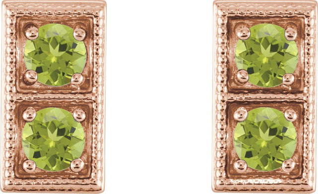 14K Gold Round Natural Peridot Two-Stone Earrings - Rose Gold - view 2