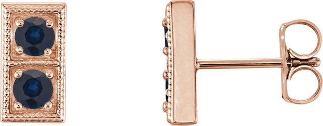 14K Gold Round Natural Blue Sapphire Two-Stone Earrings - Rose Gold