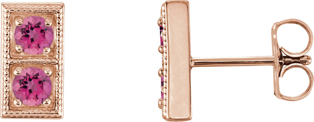 14K Gold Round Natural Pink Tourmaline Two-Stone Earrings - Rose Gold