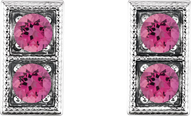 14K Gold Round Natural Pink Tourmaline Two-Stone Earrings - White Gold - view 2
