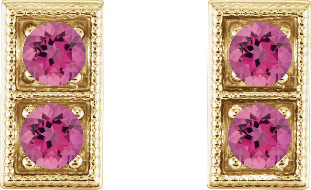 14K Gold Round Natural Pink Tourmaline Two-Stone Earrings - Yellow Gold - view 2