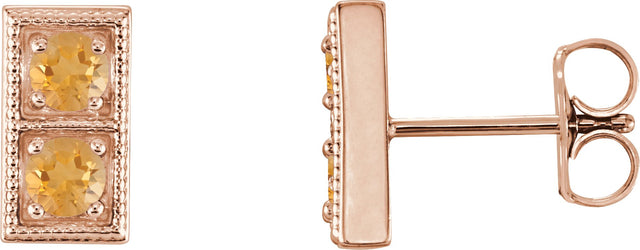 14K Gold Round Natural Citrine Two-Stone Earrings - Rose Gold