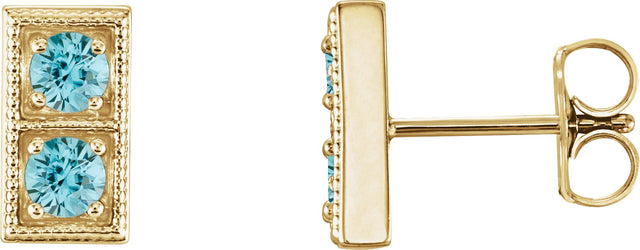 14K Gold Round Natural Blue Zircon Two-Stone Earrings - Yellow Gold