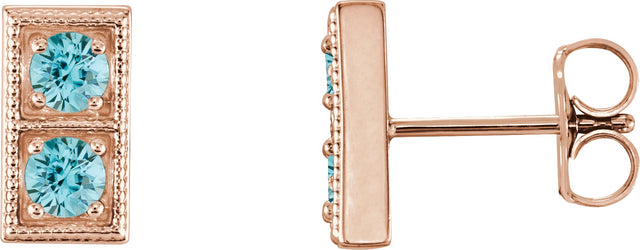 14K Gold Round Natural Blue Zircon Two-Stone Earrings - Rose Gold