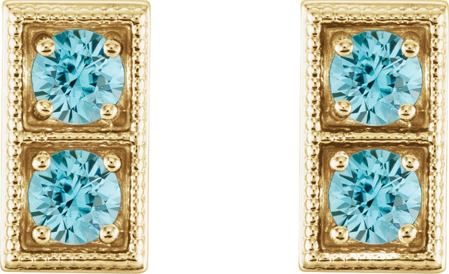 14K Gold Round Natural Blue Zircon Two-Stone Earrings - Yellow Gold - view 2