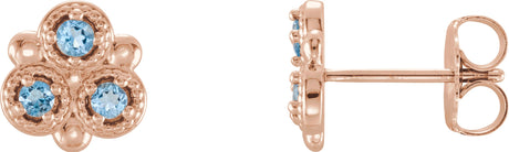 14K Gold Round Natural Aquamarine Three-Stone Earrings - Rose Gold