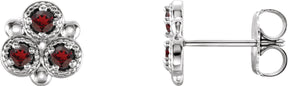 14K Gold Round Natural Mozambique Garnet Three-Stone Earrings - White Gold