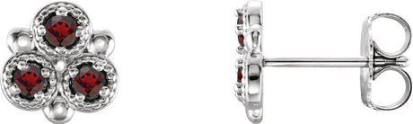 14K Gold Round Natural Mozambique Garnet Three-Stone Earrings - White Gold