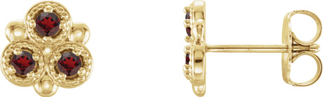 14K Gold Round Natural Mozambique Garnet Three-Stone Earrings - Yellow Gold