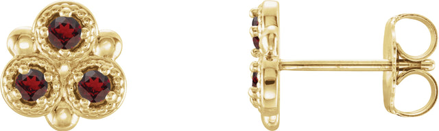 14K Gold Round Natural Mozambique Garnet Three-Stone Earrings - Yellow Gold