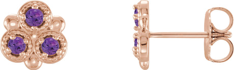14K Gold Round Natural Amethyst Three-Stone Earrings - Rose Gold