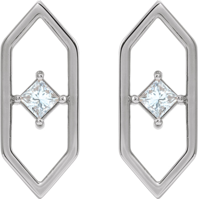 14K Gold Square Natural Diamond Geometric Earrings - White Gold - view 2