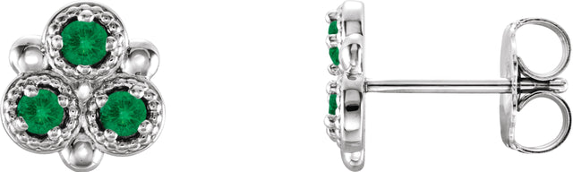 Platinum Round Lab-Grown Emerald Three-Stone Earrings