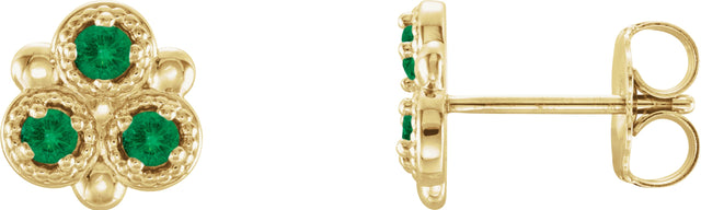 14K Gold Round Lab-Grown Emerald Three-Stone Earrings - Yellow Gold