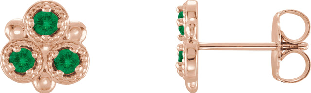 14K Gold Round Lab-Grown Emerald Three-Stone Earrings - Rose Gold