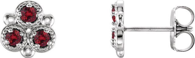 Platinum Round Lab-Grown Ruby Three-Stone Earrings