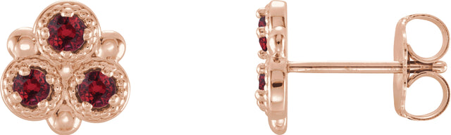 14K Gold Round Lab-Grown Ruby Three-Stone Earrings - Rose Gold