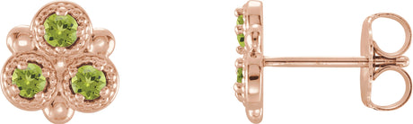 14K Gold Round Natural Peridot Three-Stone Earrings - Rose Gold