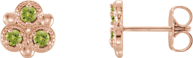 14K Gold Round Natural Peridot Three-Stone Earrings - Rose Gold