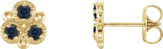 14K Gold Round Natural Blue Sapphire Three-Stone Earrings - Yellow Gold