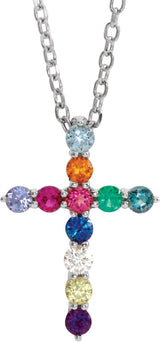 14K Gold Round Natural Multi-Gemstone Accented Cross Necklace or Pendant - White Gold