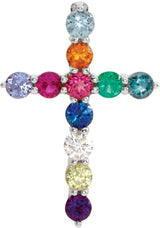 14K Gold Round Natural Multi-Gemstone Accented Cross Necklace or Pendant - White Gold