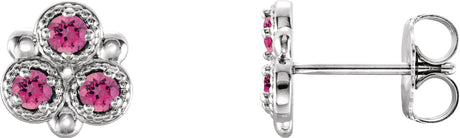 14K Gold Round Natural Pink Tourmaline Three-Stone Earrings - White Gold