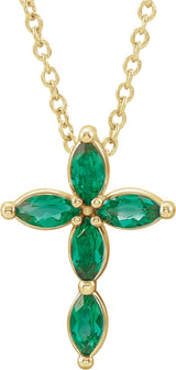 14K Gold Marquise Lab-Grown Emerald Cross Necklace or Pendant - Yellow Gold