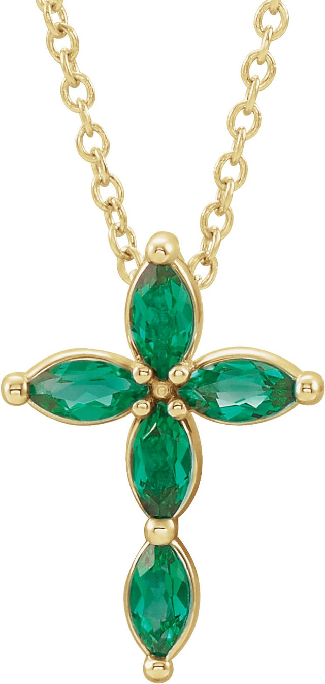 14K Gold Marquise Lab-Grown Emerald Cross Necklace or Pendant - Yellow Gold