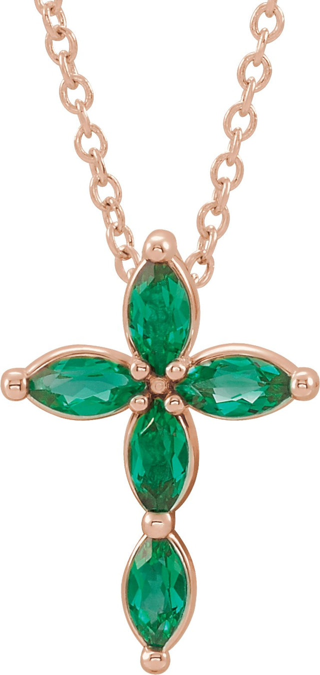 14K Gold Marquise Lab-Grown Emerald Cross Necklace or Pendant - Rose Gold