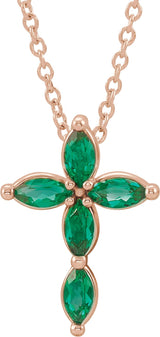 14K Gold Marquise Natural Emerald Cross Necklace or Pendant - Rose Gold