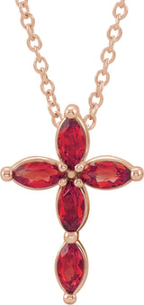 14K Gold Marquise Natural Ruby Cross Necklace or Pendant - Rose Gold