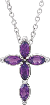 Platinum Marquise Natural Amethyst Cross Necklace or Pendant
