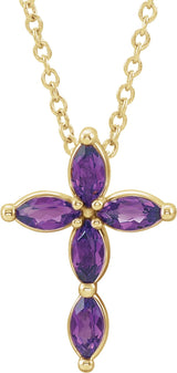 14K Gold Marquise Natural Amethyst Cross Necklace or Pendant - Yellow Gold
